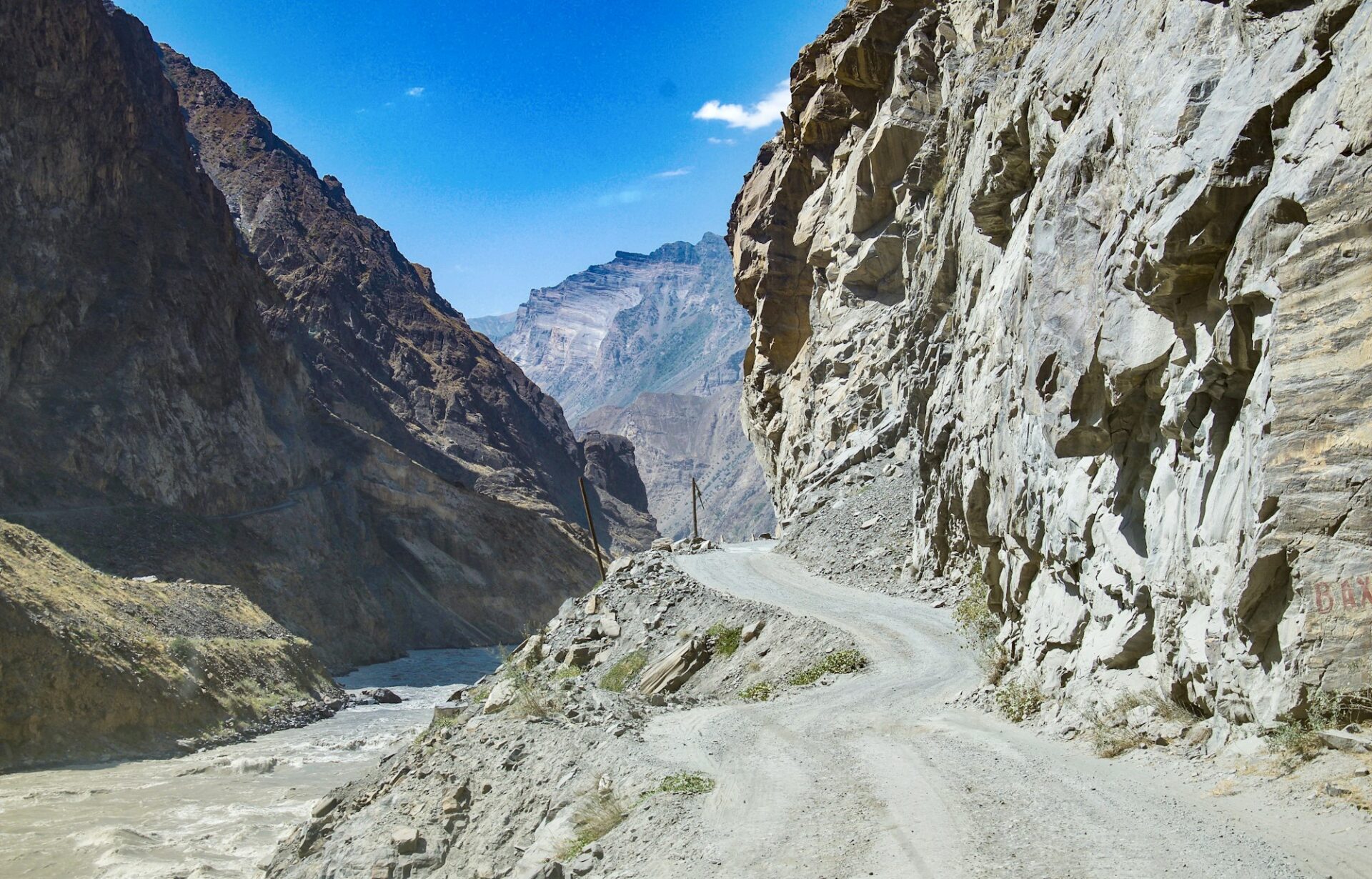 Pamir Highway — estrada na encosta sobre o rio Panj